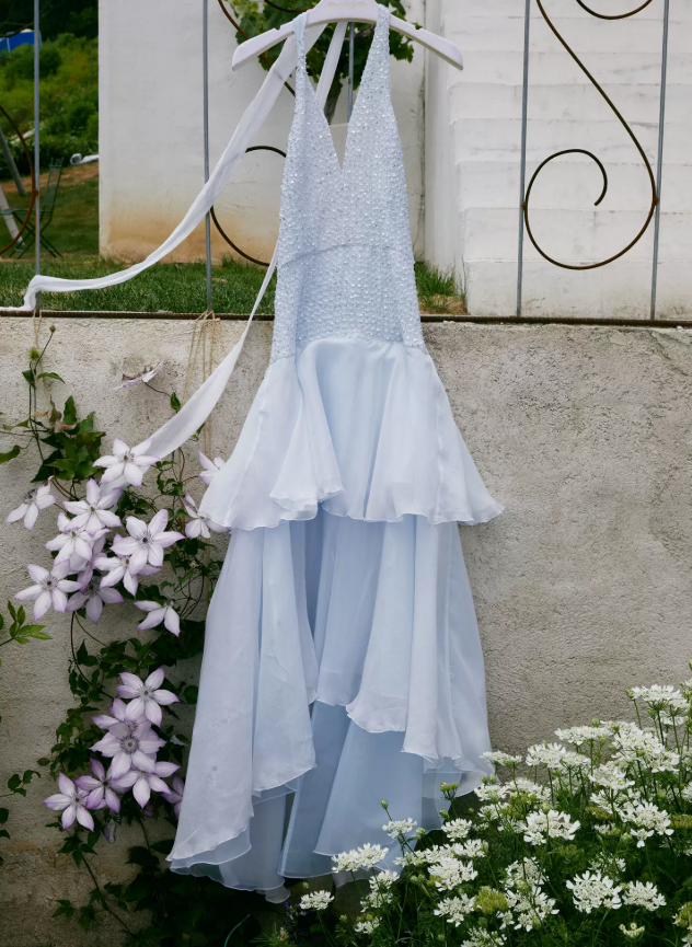 Romantic Backless Halter Neck Prom Dress Blue Sequins A-Line Evening Dress C9087