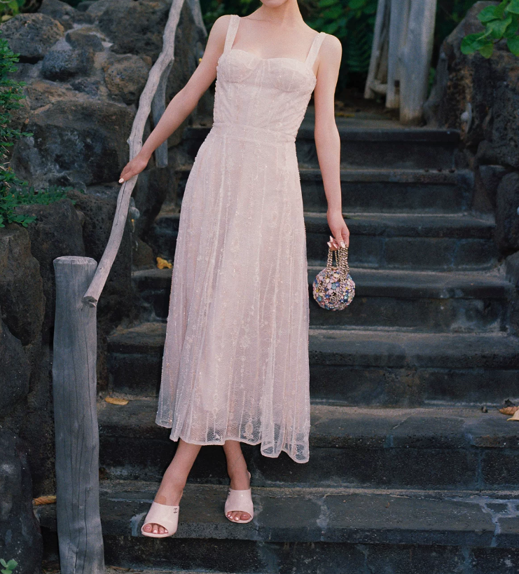 Sweet Spaghetti Straps Prom Dress Pink Lace Sequins A-Line Evening Dress C9088