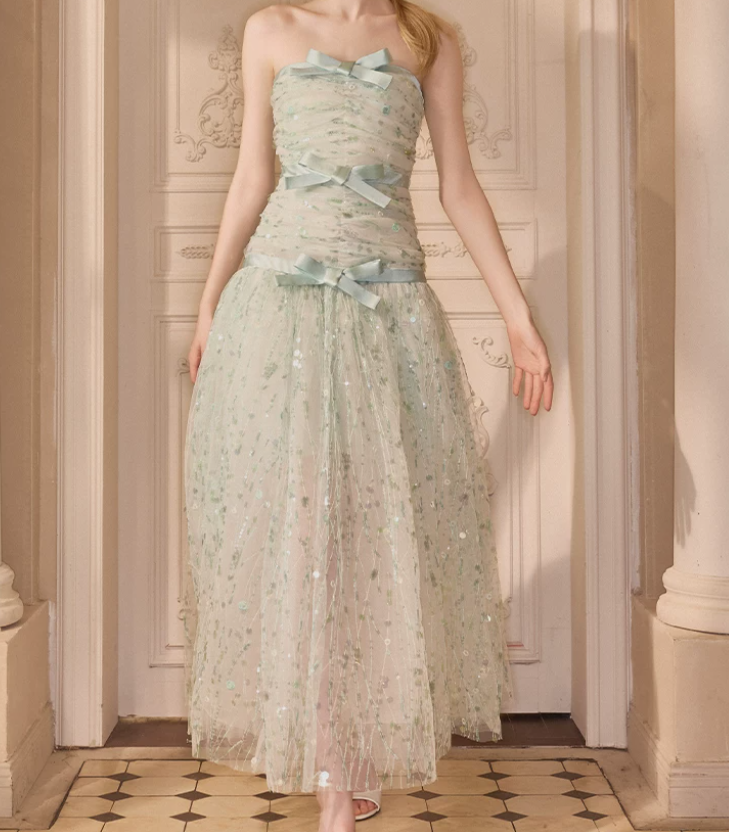 Attractive Strapless Green Prom Dress Sequins Bows A-Line Evening Dress C9117
