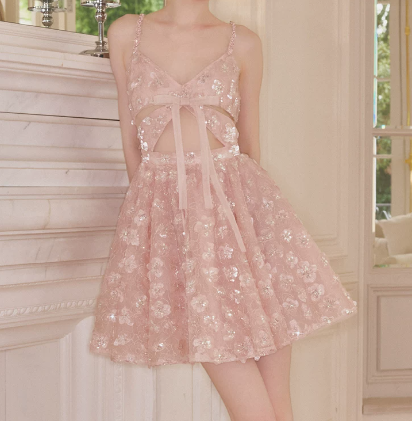 Ornate Spaghetti Straps A-Line Homecoming Dress Pink Sequins Bow Party Dress C9119