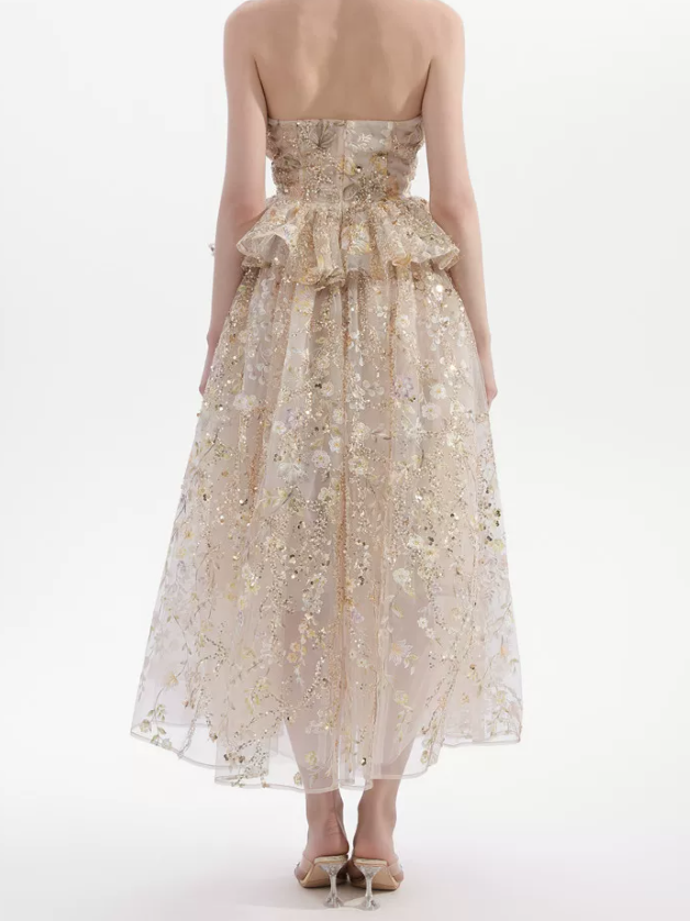 Sleek Strapless Beige Prom Dress Ruffles Sequins A-Line Evening Dress C9125