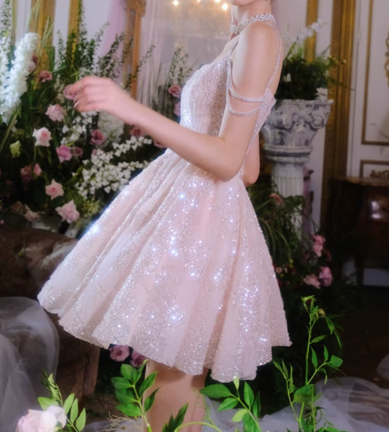 Sweet Spaghetti Straps Pink Homecoming Dress Sequins A-Line Party Dress C9162