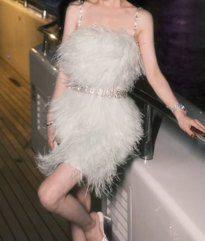 Alluring Spaghetti Straps Homecoming Dress Feather Beaded Sheath Party Dress C9170