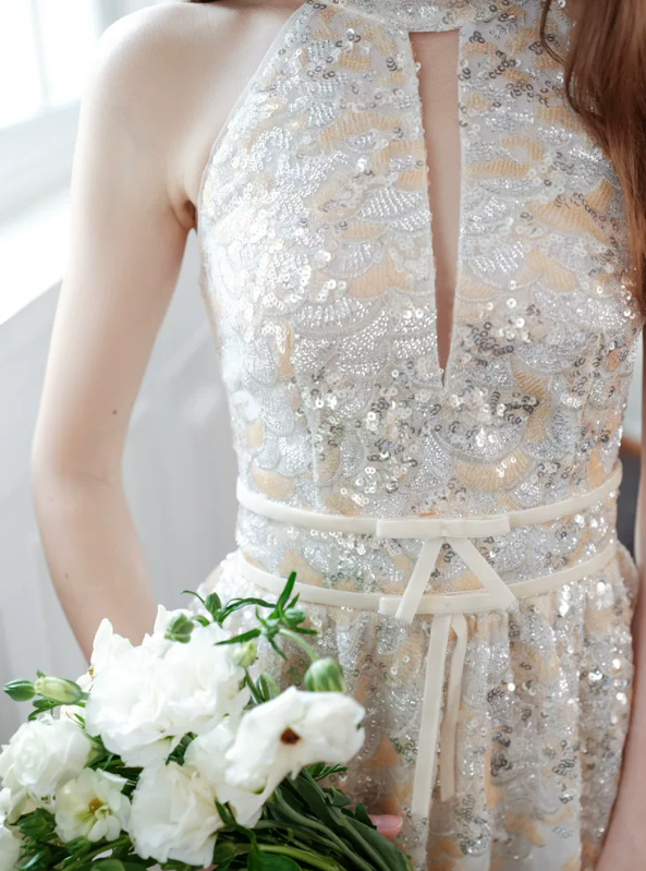 Vintage Halter Neck Champagne Prom Dress Sequins A-Line Evening Dress C9173