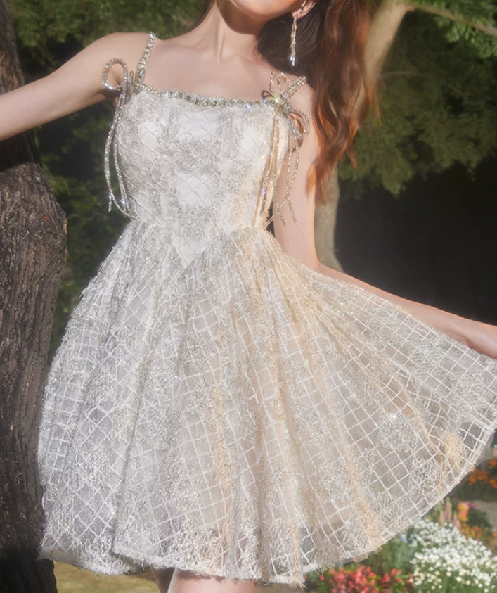 Glittering Spaghetti Straps White Homecoming Dress Beading A-Line Party Dress C9182