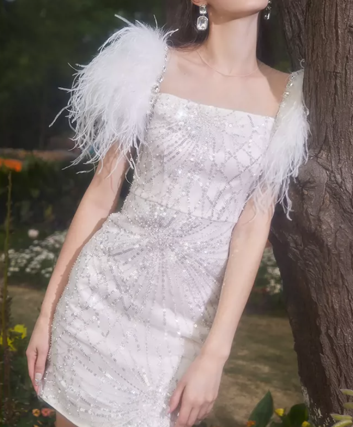 Luxury Short Sleeve White Homecoming Dress Sequins Feather Sheath Party Dress C9183