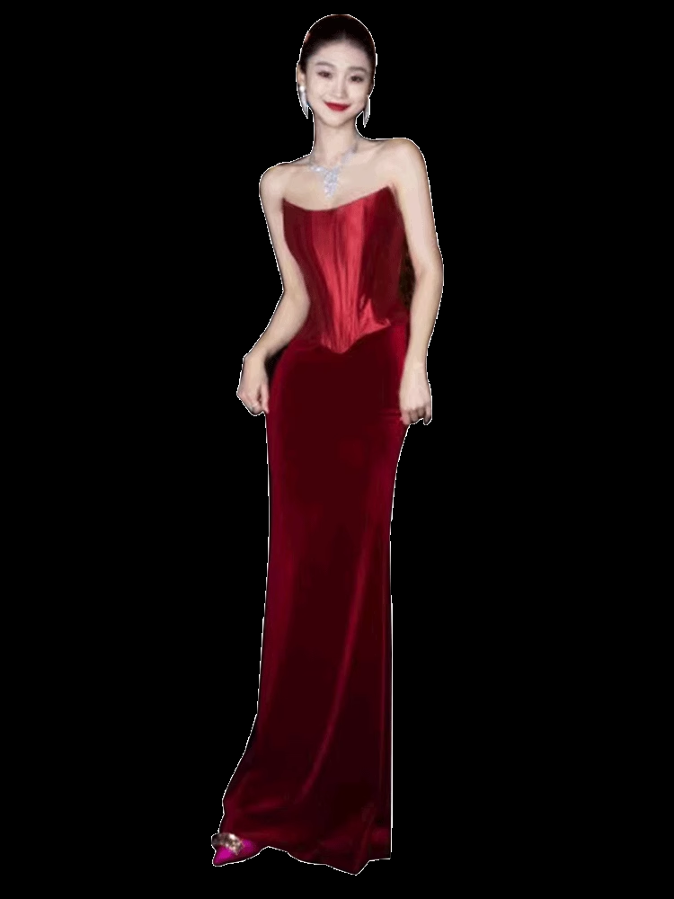 Simple A Line Strapless Wine Red Long Prom Dresses C91