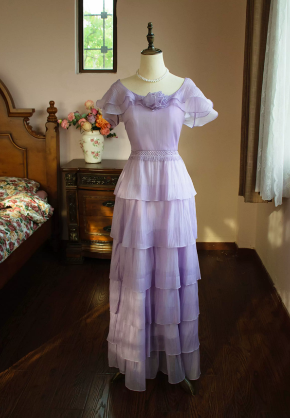 Sweet Jewel Neck Purple Tiered Prom Dress Short Sleeve Ruffles A-Line Evening Dress C9211