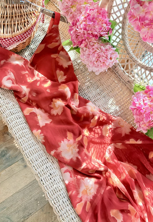 Vintage V Neck Red Prom Dress Floral Ruffles Mermaid Evening Dress C9216