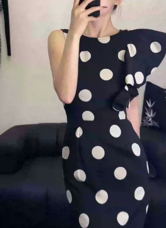 Vintage Jewel Neck Black Prom Dress Ruffles Polka Dots Sheath Evening Dress C9238