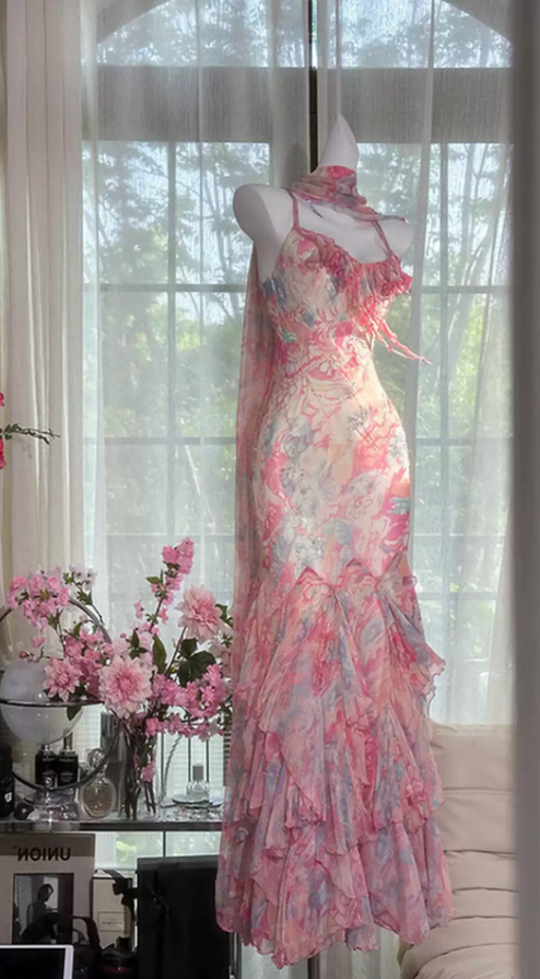 Glam Spaghetti Strap Pink Prom Dress Floral Ruffles Mermaid Evening Dress C9266