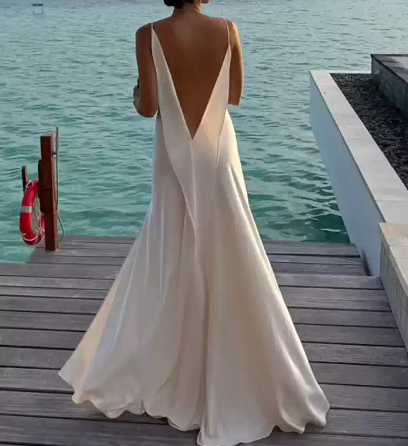 Graceful Spaghetti Straps White Prom Dress Satin Slit A-Line Evening Dress C9280