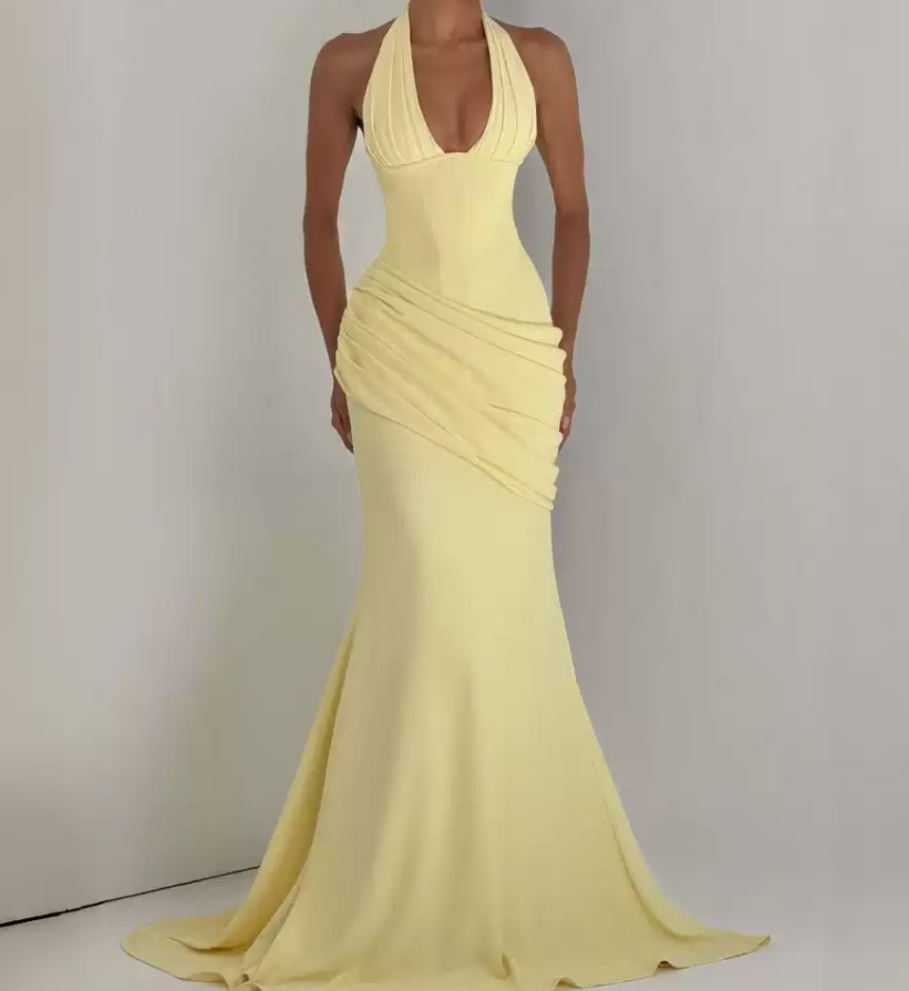 Trendy Halter Neck Yellow Prom Dress Draped Mermaid Evening Dress C9304