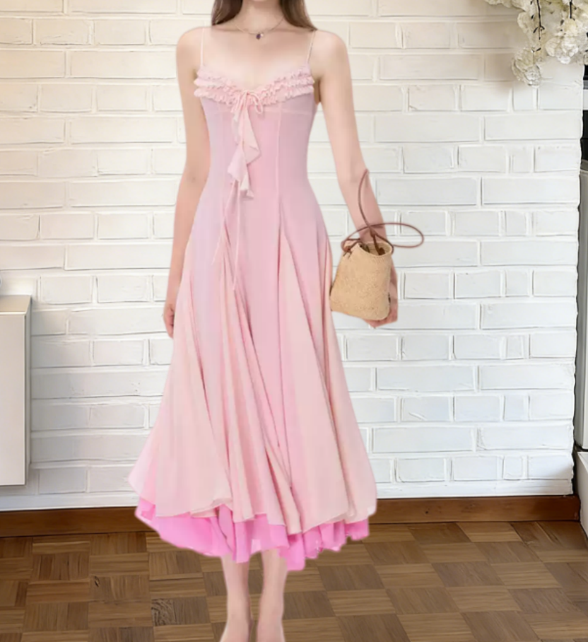 Sweet Spaghetti Strap Pink Prom Dress Chiffon A-Line Evening Dress C9306