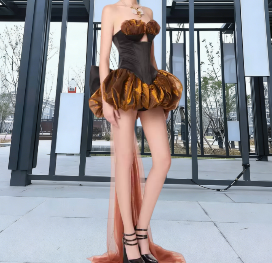 Y2K Strapless Brown Homecoming Dress Bow Train A-Line Party Dress C9307