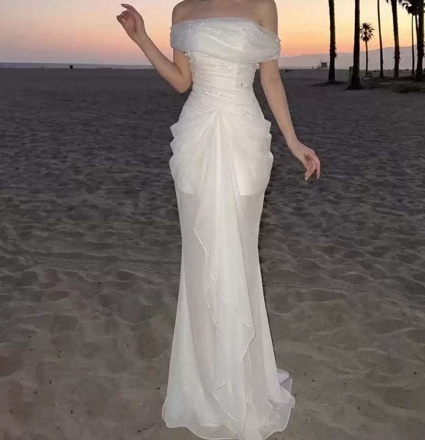 Glam Off-Shoulder Beaded Prom Dress Pink Tulle Mermaid Evening Dress C9319