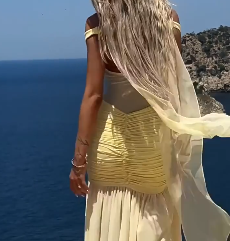 Sleek Off-Shoulder Yellow Prom Dress Chiffon Slit A-Line Evening Dress C9336