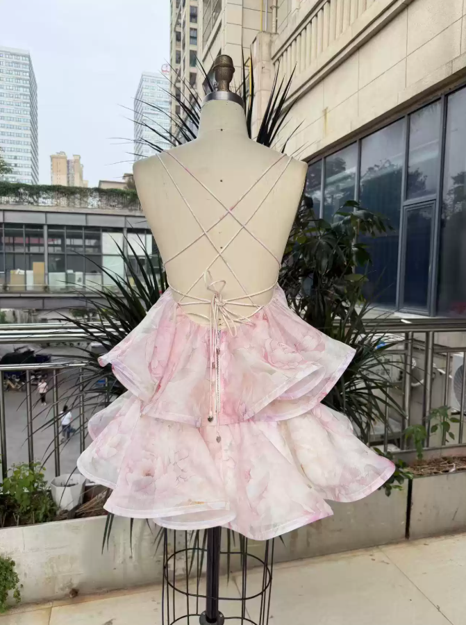 Sweet Spaghetti Straps Pink Homecoming Dress Floral Tiered A-Line Party Dress C9339