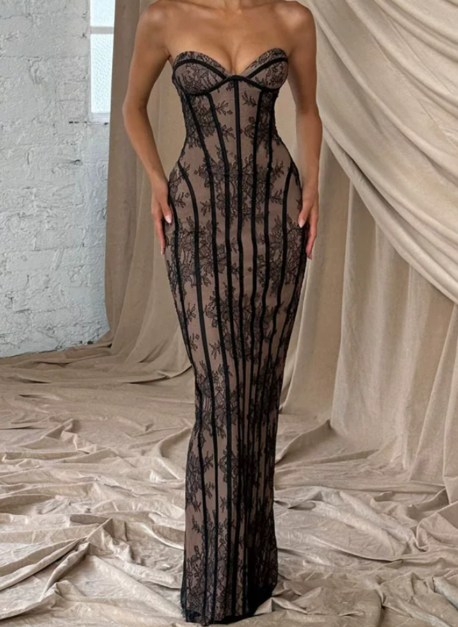Elegant Strapless Prom Dress Lace Mermaid Evening Dress C9358