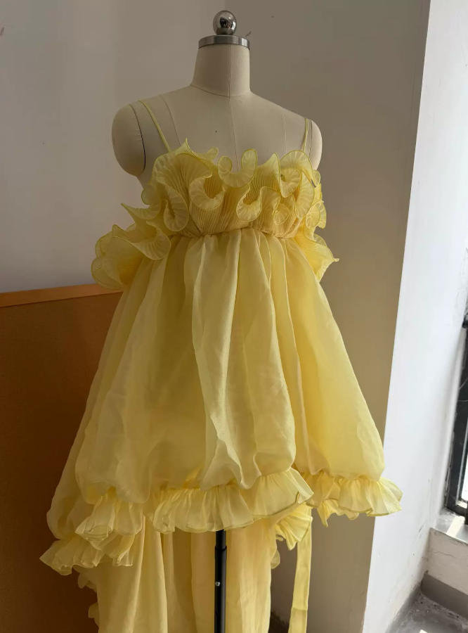 Adorable Spaghetti Strap Yellow Homecoming Dress Ruffles A-Line Party Dress C9401