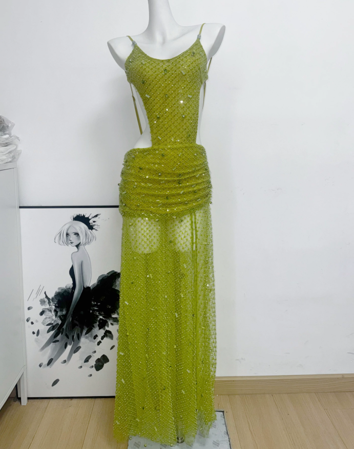 Sparkly Spaghetti Strap Prom Dress Sequins Backless A-Line Evening Dress C9419