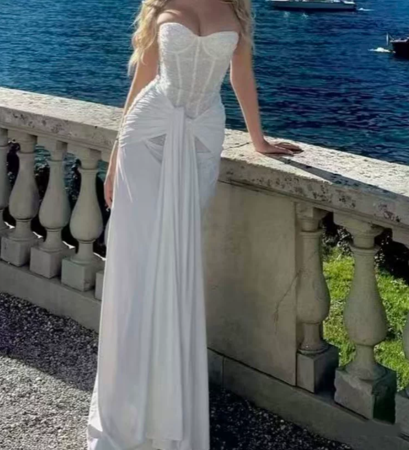 Glam Strapless Prom Dress White Sequins Mermaid Evening Dress C9427