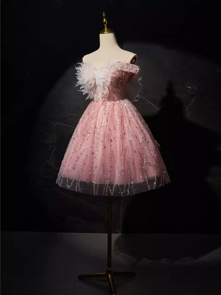 Robe de bal modeste, épaules dénudées, en Tulle rose, tenues d'anniversaire, robe de soirée, C943