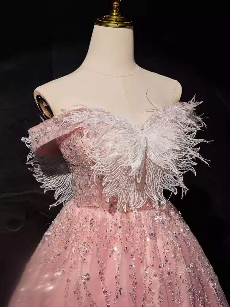 Robe de bal modeste, épaules dénudées, en Tulle rose, tenues d'anniversaire, robe de soirée, C943