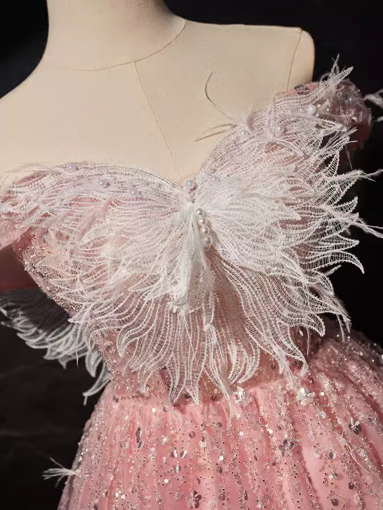 Robe de bal modeste, épaules dénudées, en Tulle rose, tenues d'anniversaire, robe de soirée, C943
