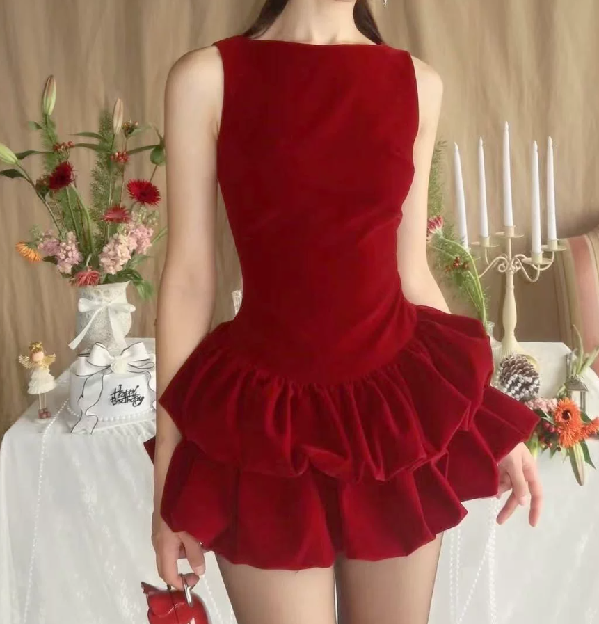 Trendy Boat Collar Homecoming Dress Velvet Tiered A-Line Party Dress C9456
