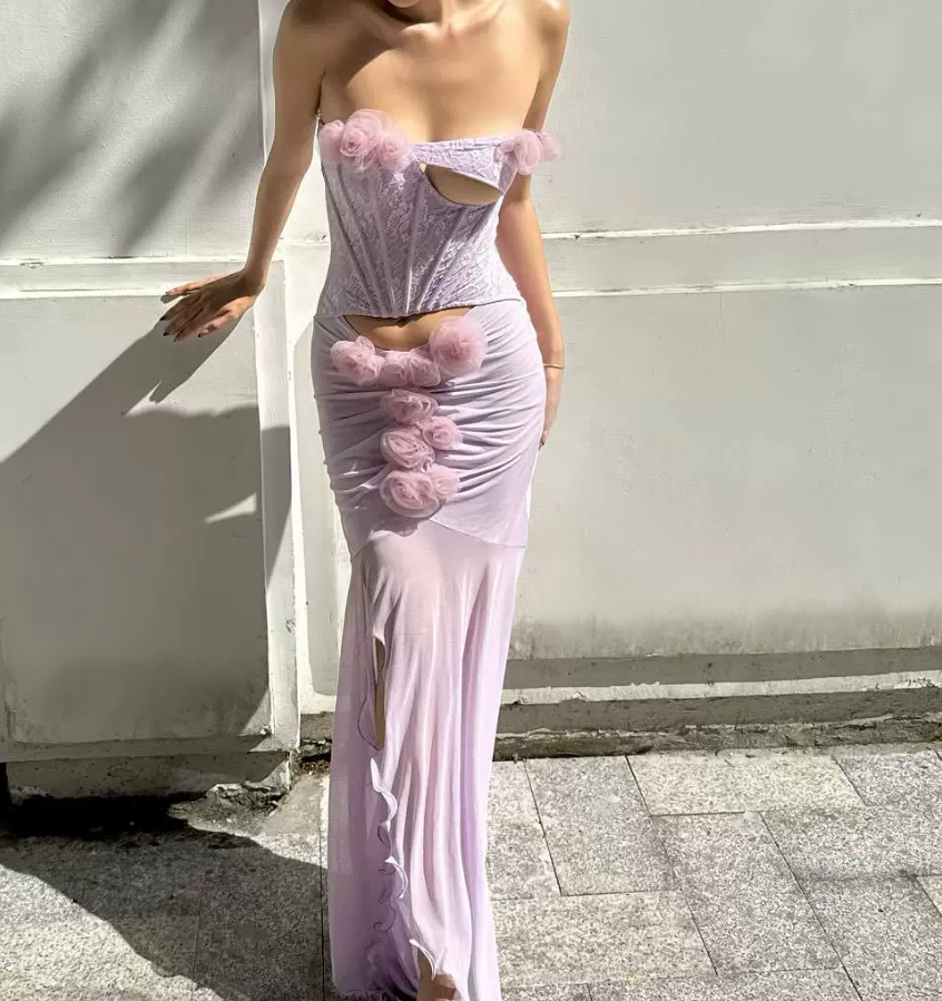 Elegant Strapless Purple Slit Prom Dress Cutout Floral Mermaid Evening Dress C9458