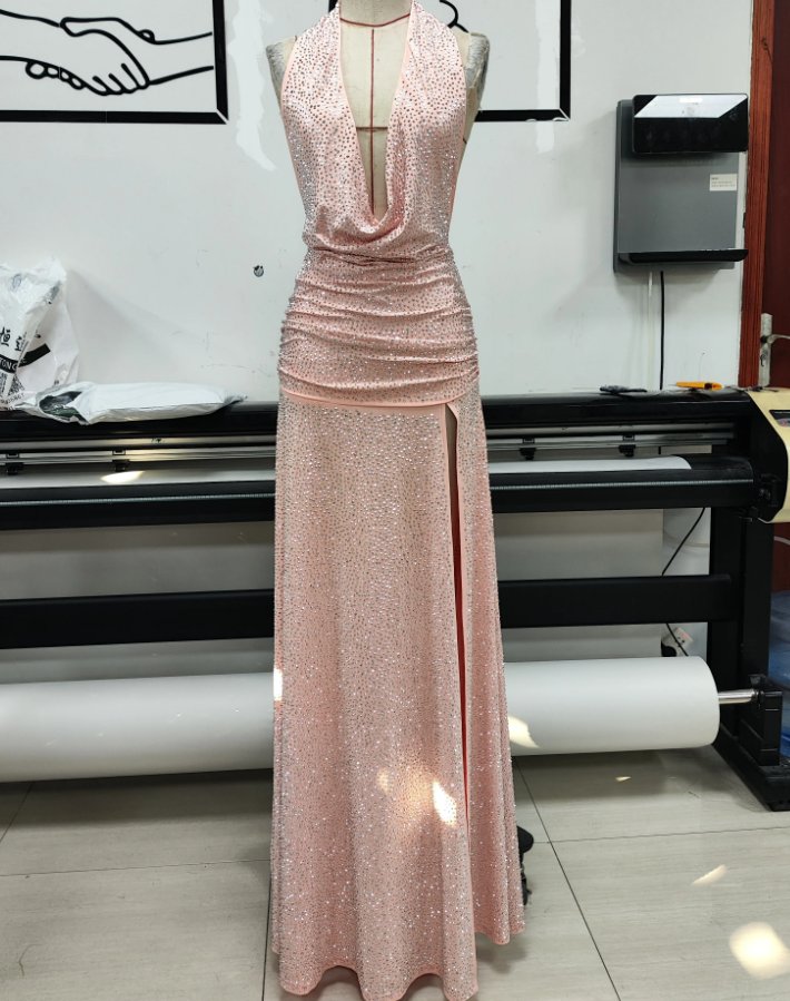 Glittering Halter Neck Slit Prom Dress Sequins Draped A-Line Evening Dress C9462