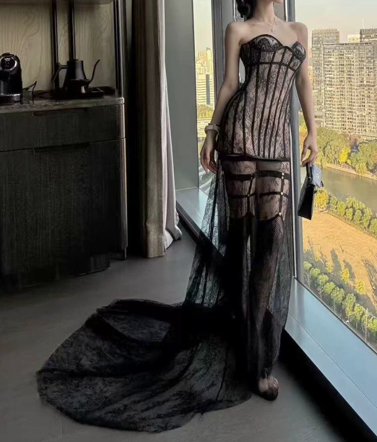 Fascinating Strapless Prom Dress Black Lace Mermaid Evening Dress C9467