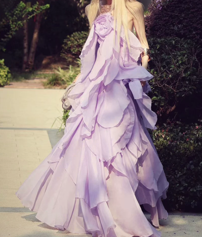 Dreamy Halter Neck Purple Prom Dress Ruffles Tiered A-Line Evening Dress C9488