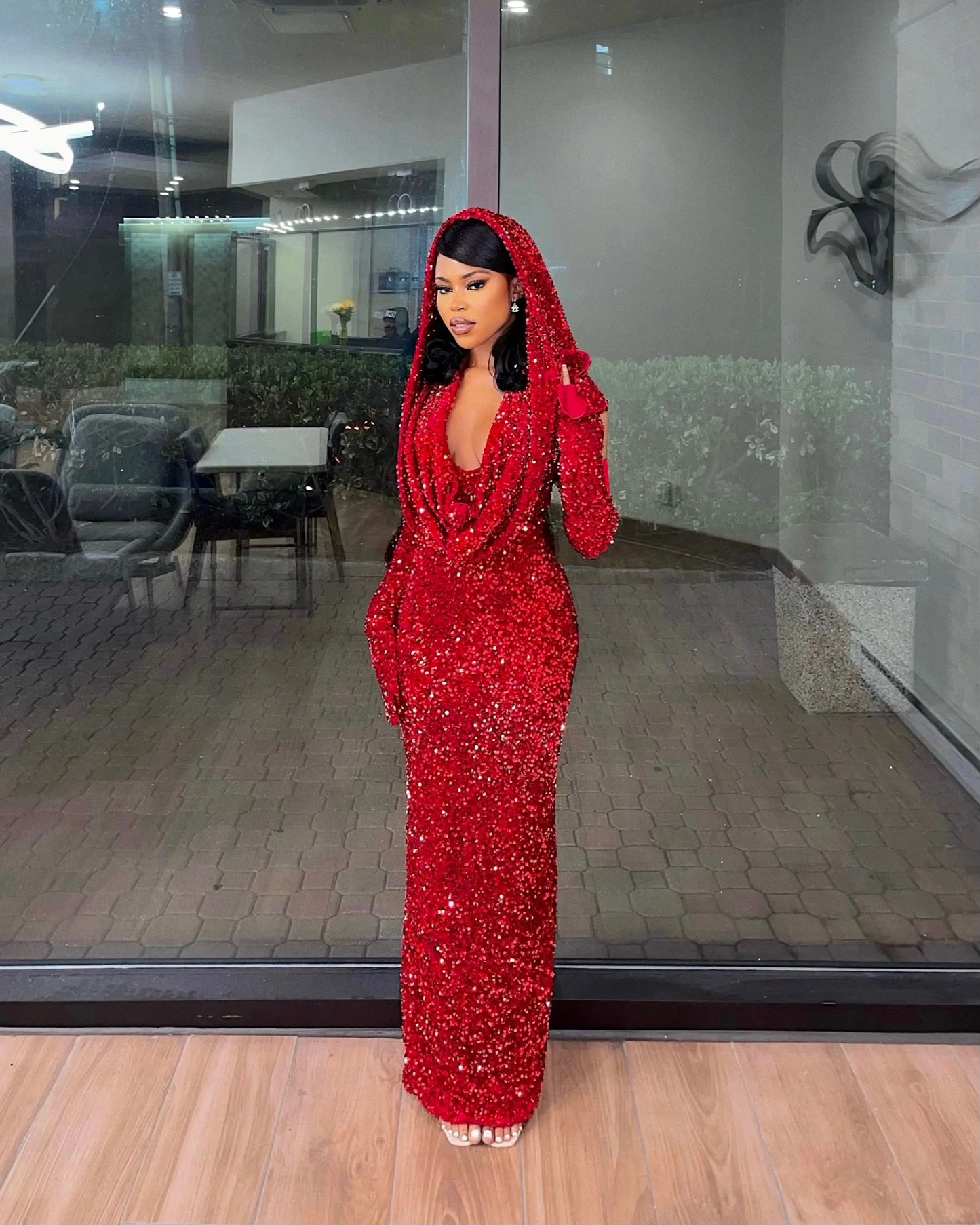 Sexy Mermaid Halter Red Sequin Long Prom Dress With Gloves C949