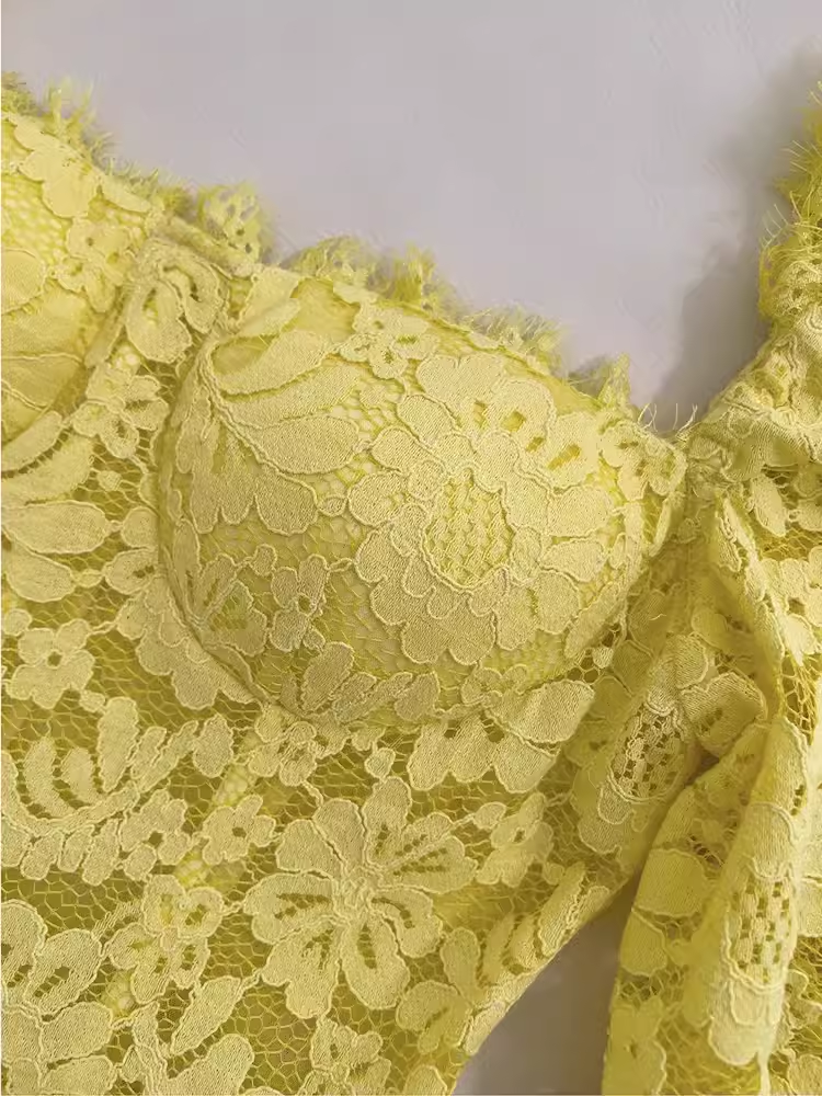 Sexy A Line Square Neckline Lace Yellow Long Prom Dresses C952