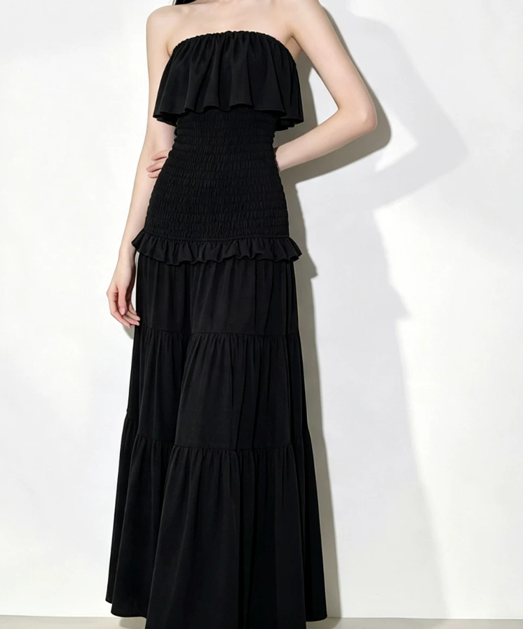 Charming Strapless Prom Dress Black Ruffles A-Line Evening Dress C9545