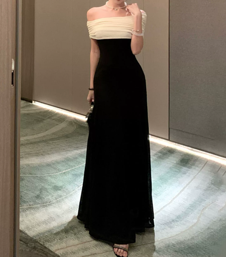 Vintage Off-Shoulder Prom Dress Black A-Line Evening Dress C9586
