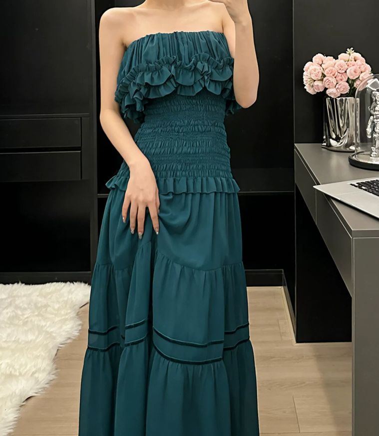 Vintage Strapless Ruffles Prom Dress Teal A-Line Evening Dress C9594