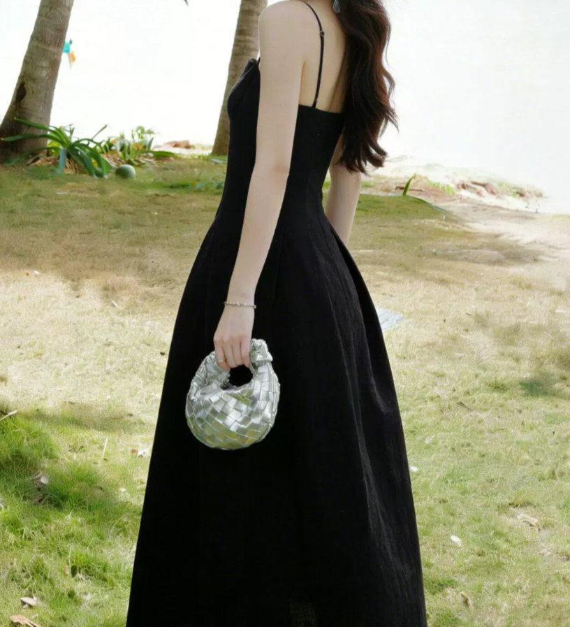 Elegant Spaghetti Straps Prom Dress Black Slit A-Line Evening Dress C9606