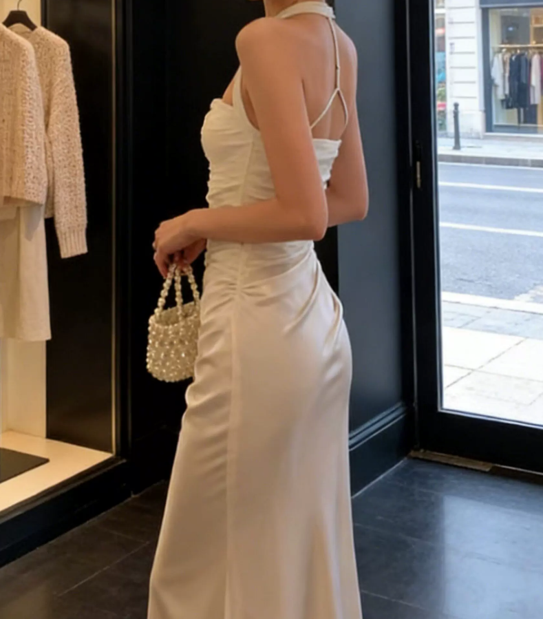 Classical Halter Neck Wedding Dresses White Satin Mermaid Bridal Dress C9617