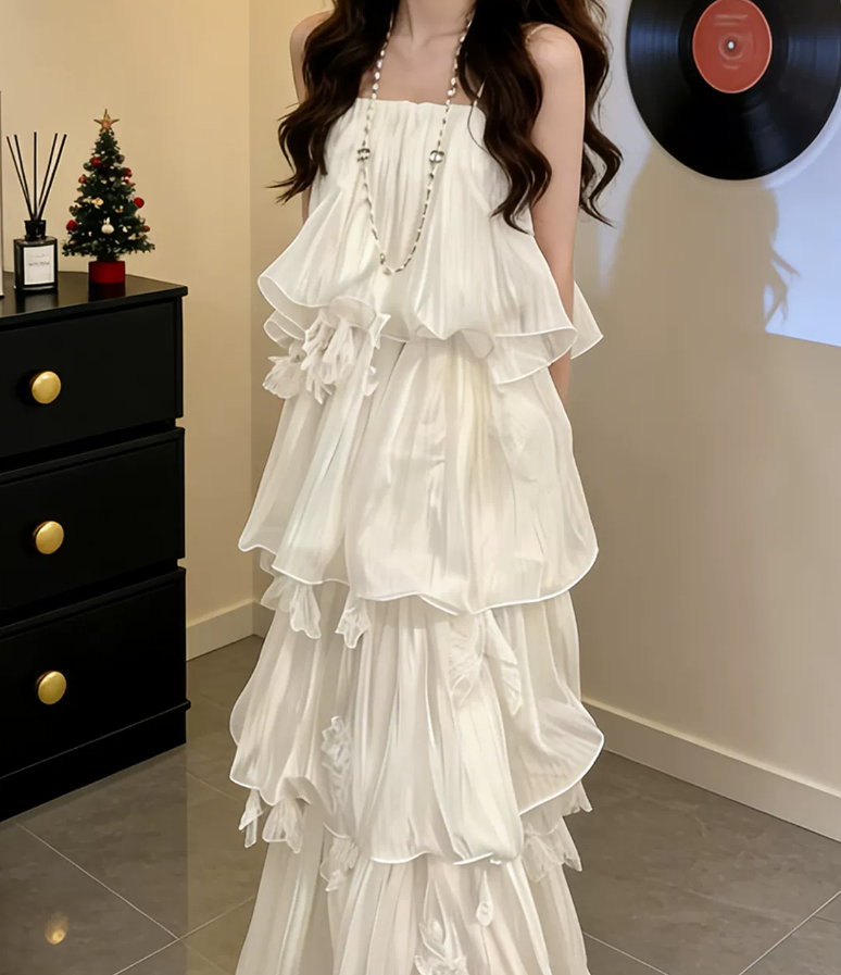 Robe de bal de princesse bustier à volants en satin long, robe de soirée C8117