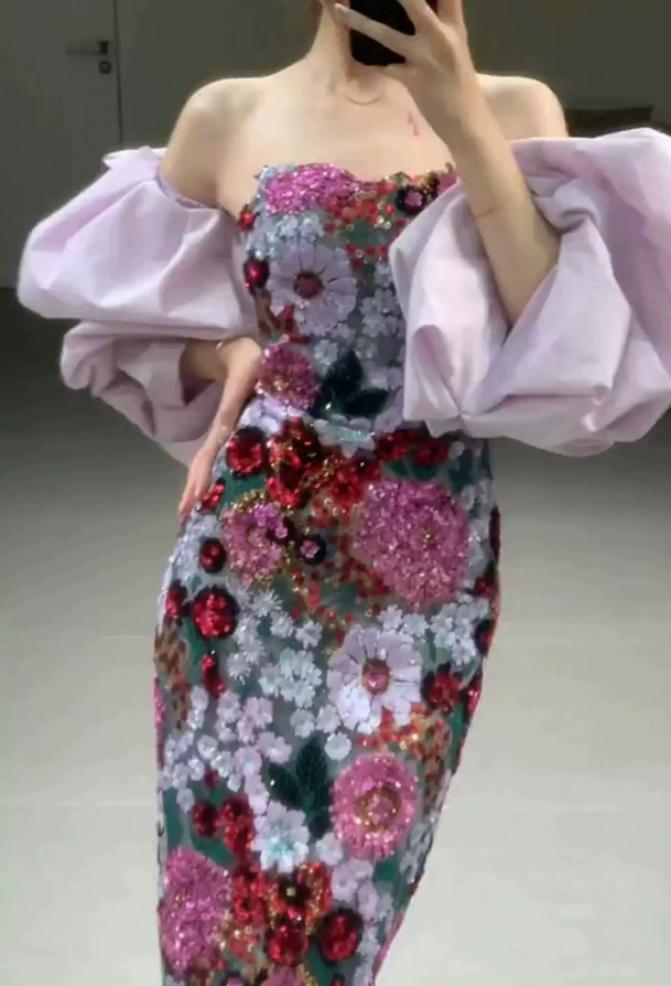 Ornate Strapless Floral Prom Dress Sequins Sheath Evening Dress C9649