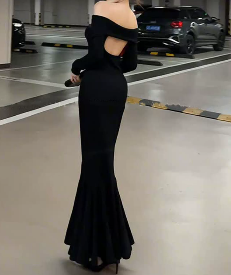 Sleek Off-Shoulder Black Maxi Dress Long Sleeve Mermaid Long Dress C9678