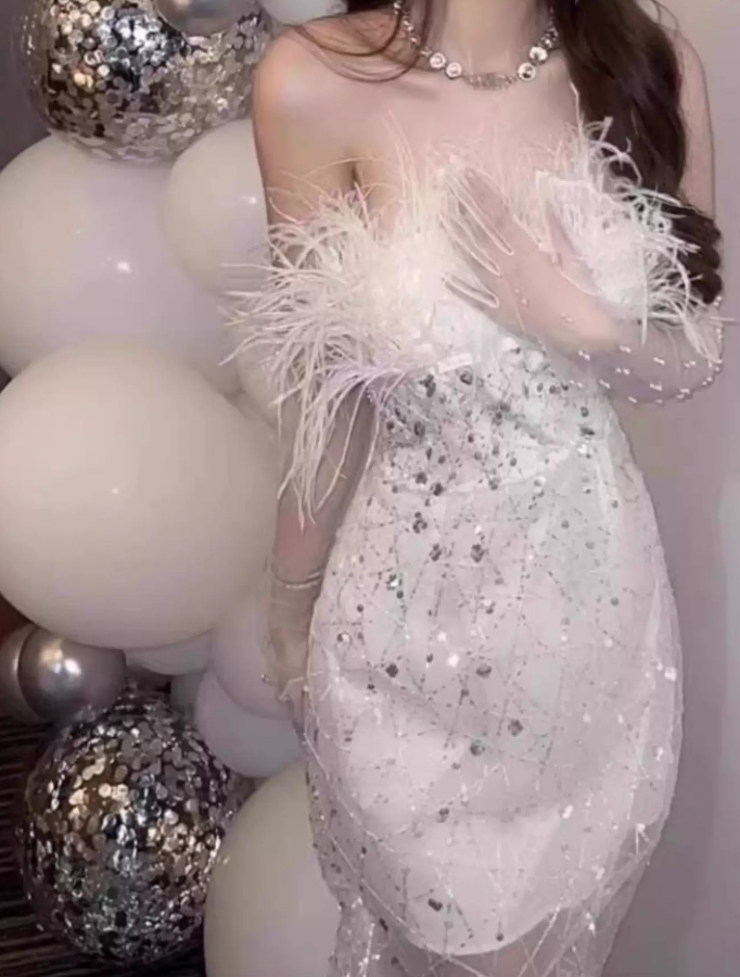 Glam Strapless White Homecoming Dress Feather Sequins Sheath Party Dress C9680