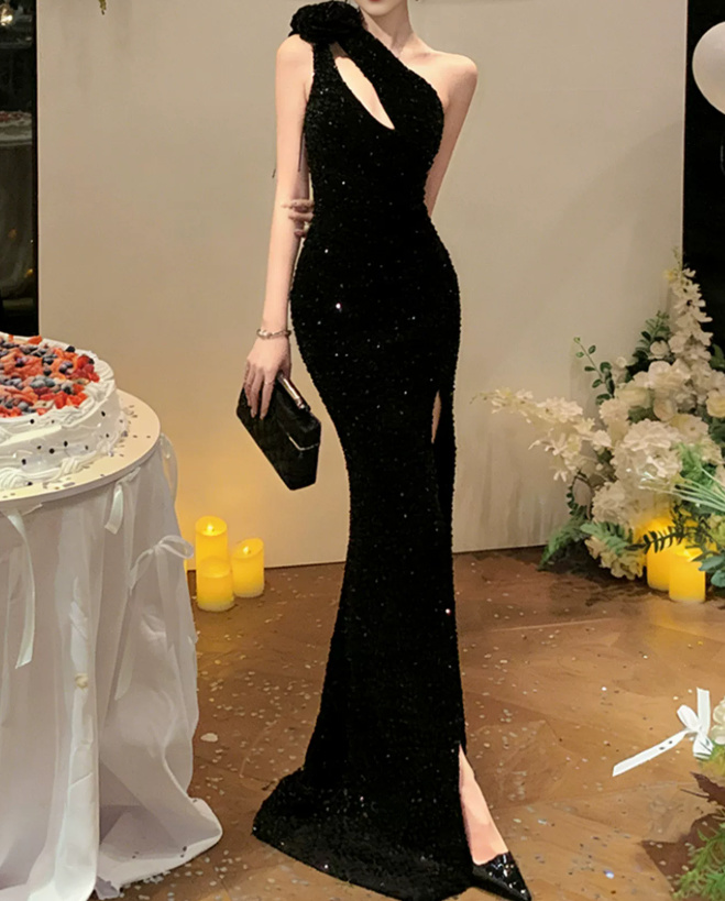 Fascinating One Shoulder Sequins Prom Dress Black Slit Mermaid Evening Dress C9690