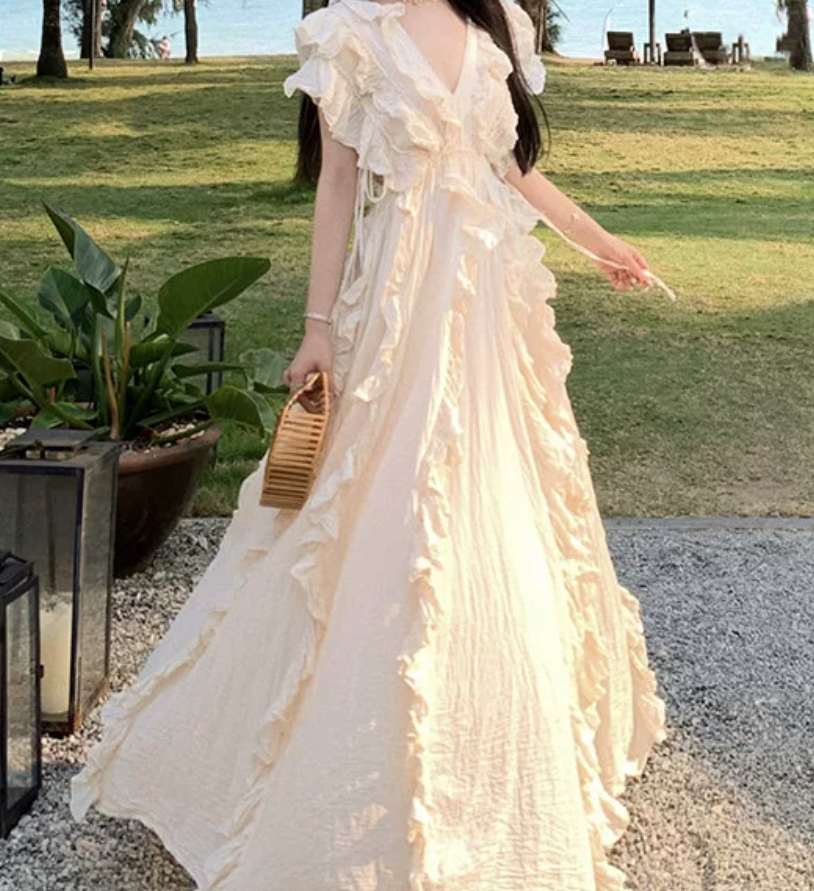 Attractive V Neck Ivory Maxi Dress Ruffles A-Line Long Dress C9693