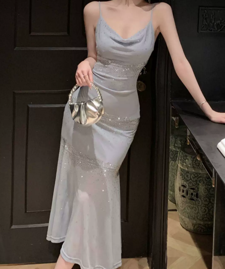 Alluring Spaghetti Straps Maxi Dress Blue Sequins Mermaid Long Dress C9699
