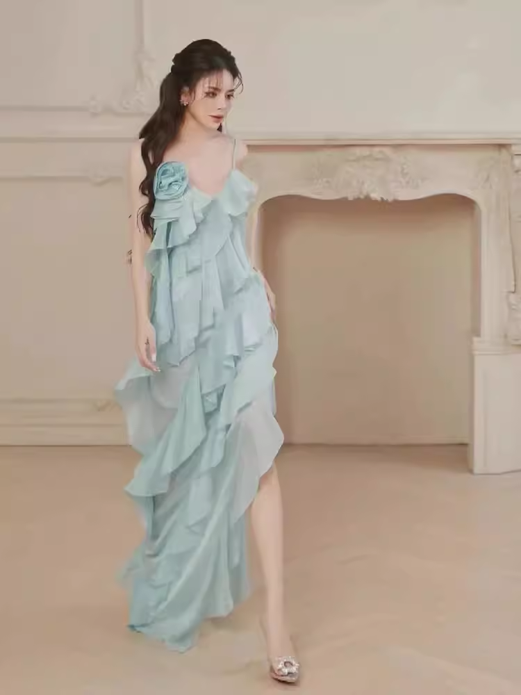 Simple A Line Spaghetti Straps Sleeveless Slit Chiffon Prom Dress C970
