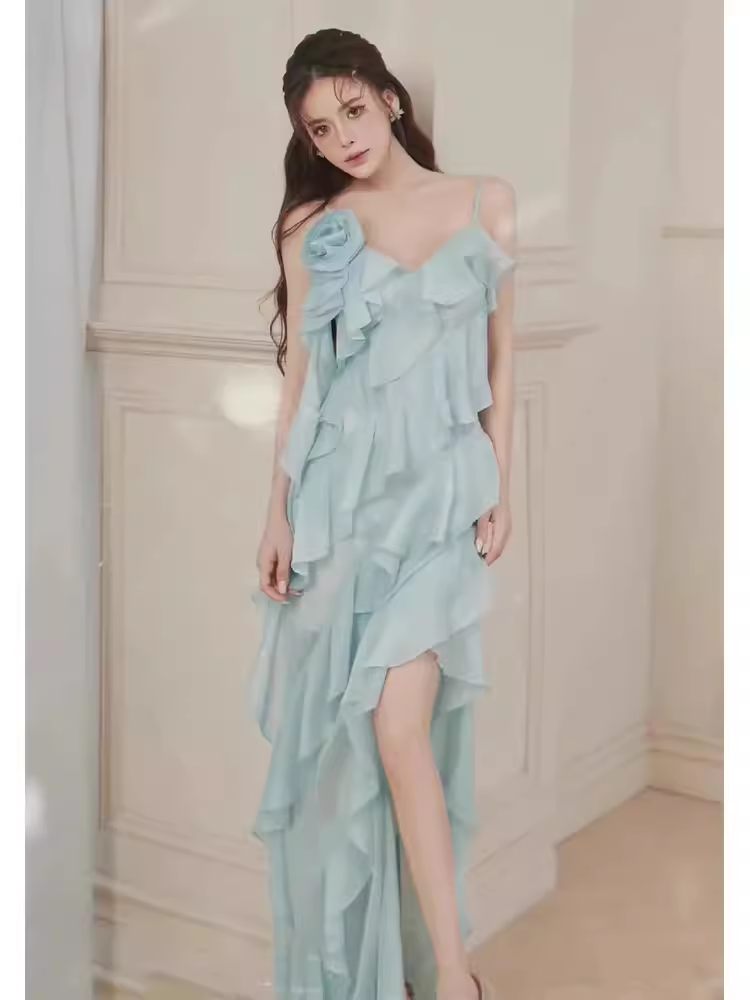 Simple A Line Spaghetti Straps Sleeveless Slit Chiffon Prom Dress C970